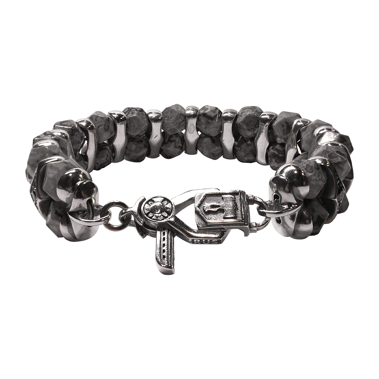 Унисекс браслет Glam Grey Gems из бусин серой яшмы и вставками чёрной шпинели
