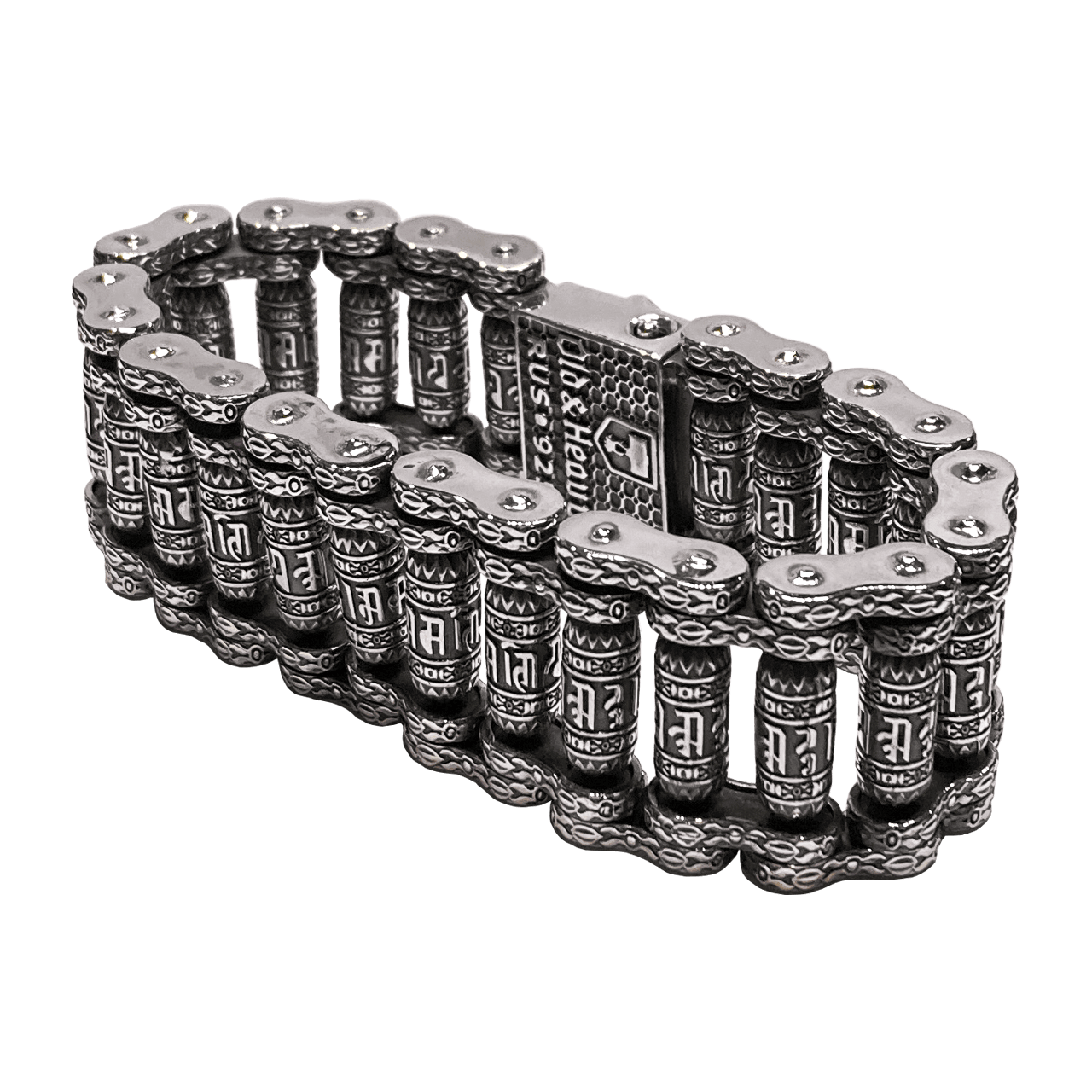 Массивный мужской серебряный браслет Mantra со звеньями в виде тибетских барабанов