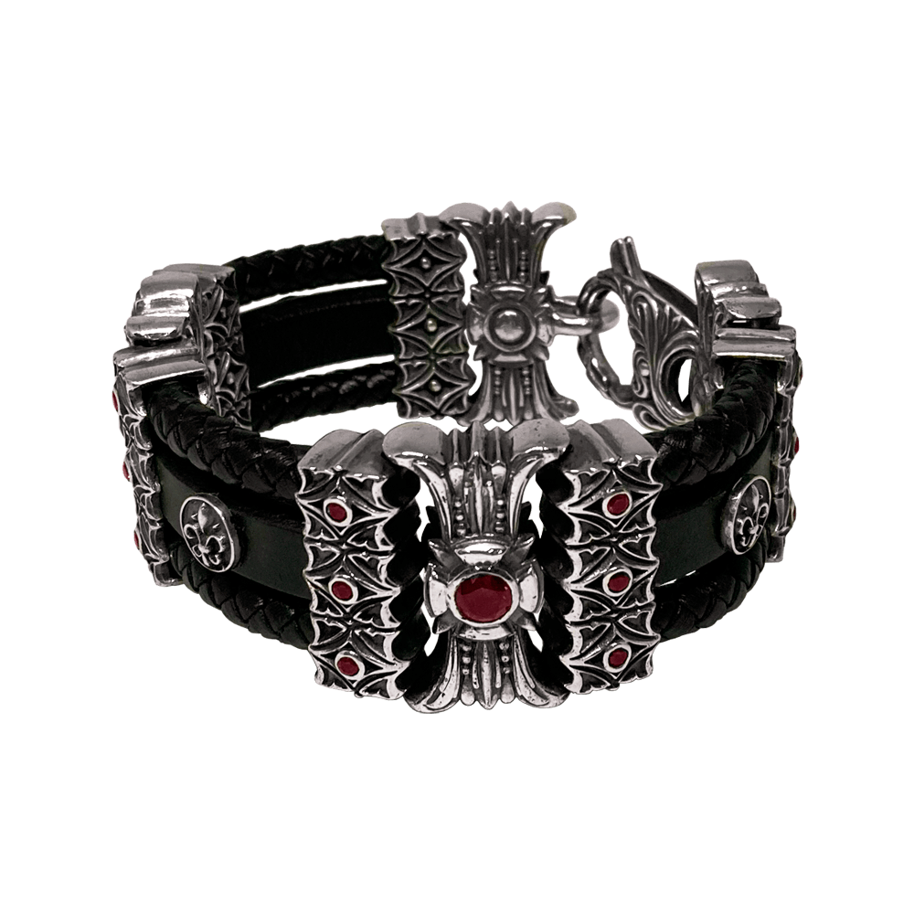 Мужской серебряный браслет Gothic с кожаным шнуром и гранатами