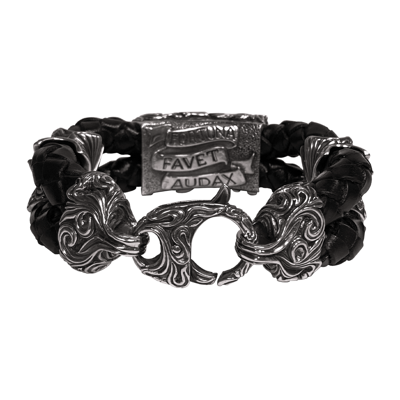 Мужской серебряный браслет Fortuna Favet Audax Black с чёрной кожей - фото №3