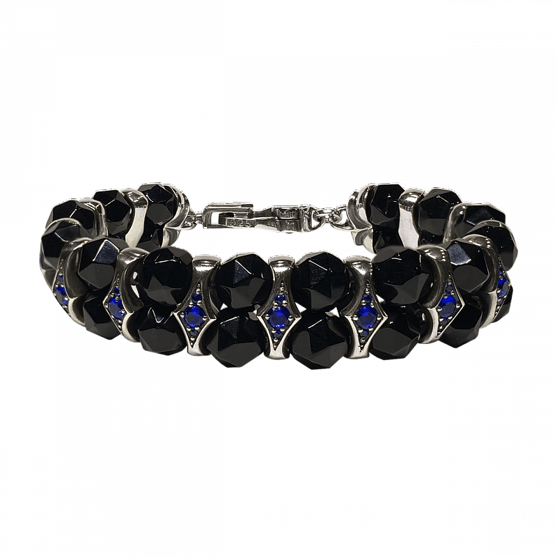 Мужской серебряный браслет Glam Black Gems с бусинами агата и вставками синей шпинели - фото №1