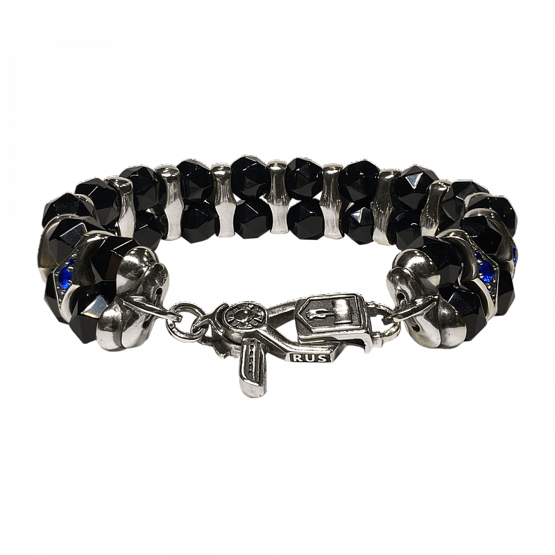 Мужской серебряный браслет Glam Black Gems с бусинами агата и вставками синей шпинели - фото №2