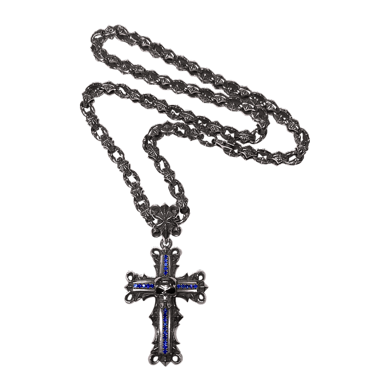 Мужская серебряная подвеска-крест Sapphire Cross с черепом и сапфирами - фото №2