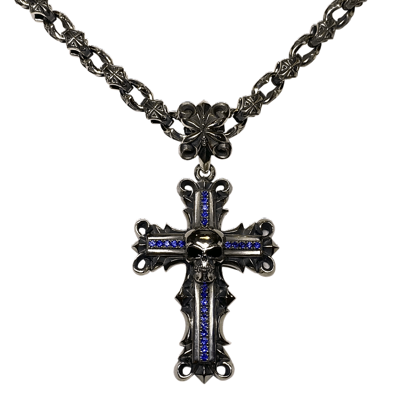 Мужская серебряная подвеска-крест Sapphire Cross с черепом и сапфирами - фото №1